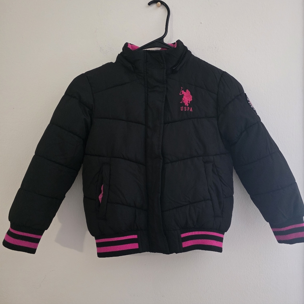 US POLO ASSN Black Puffer Jacket with Pink Accents Size‎ 6X